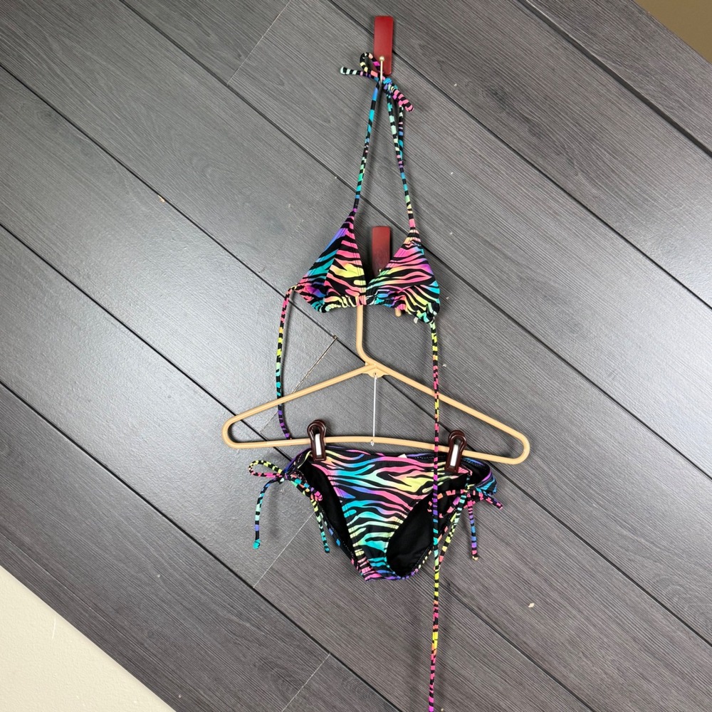 OP Women's String Bikini Swimsuit Small Multicolor Zebra Y2K Neon Tie Side